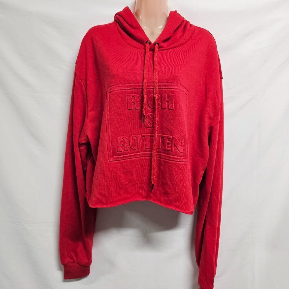 Rich & Rotten Women Crop Pullover Hoodie Sweatshirt Size XXXL Red Raw Hem